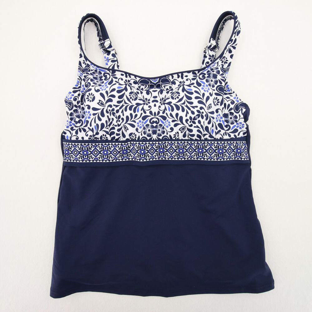 Lands End Tankini Top Blue White Floral Scoop Neck Tummy Control Underwire 4
